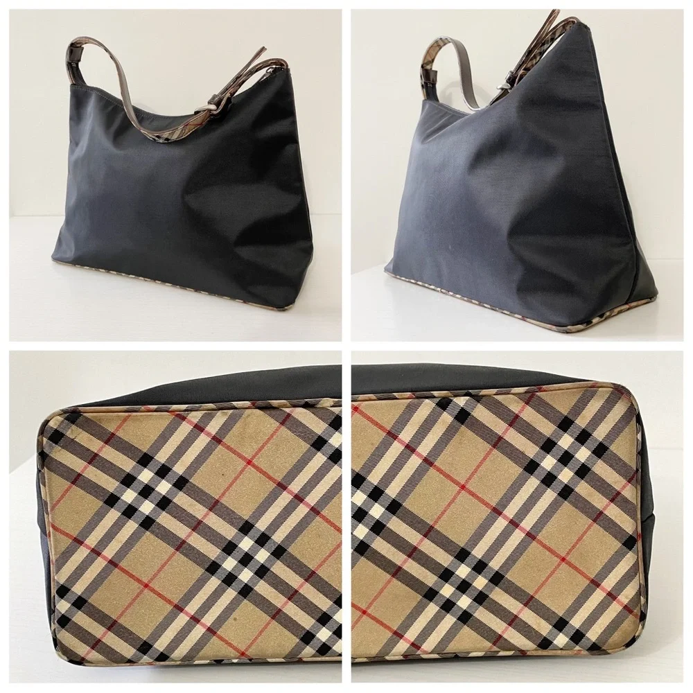 Burberry blue label black nylon tan nova check trim shoulder hobo bag - Picture 4 of 12